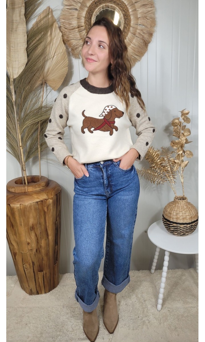 Pull Doggy teckel texturé – coloris beige, vue 2