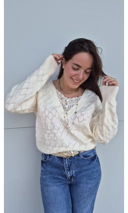 Pull Evene maille ajourée col V – coloris beige