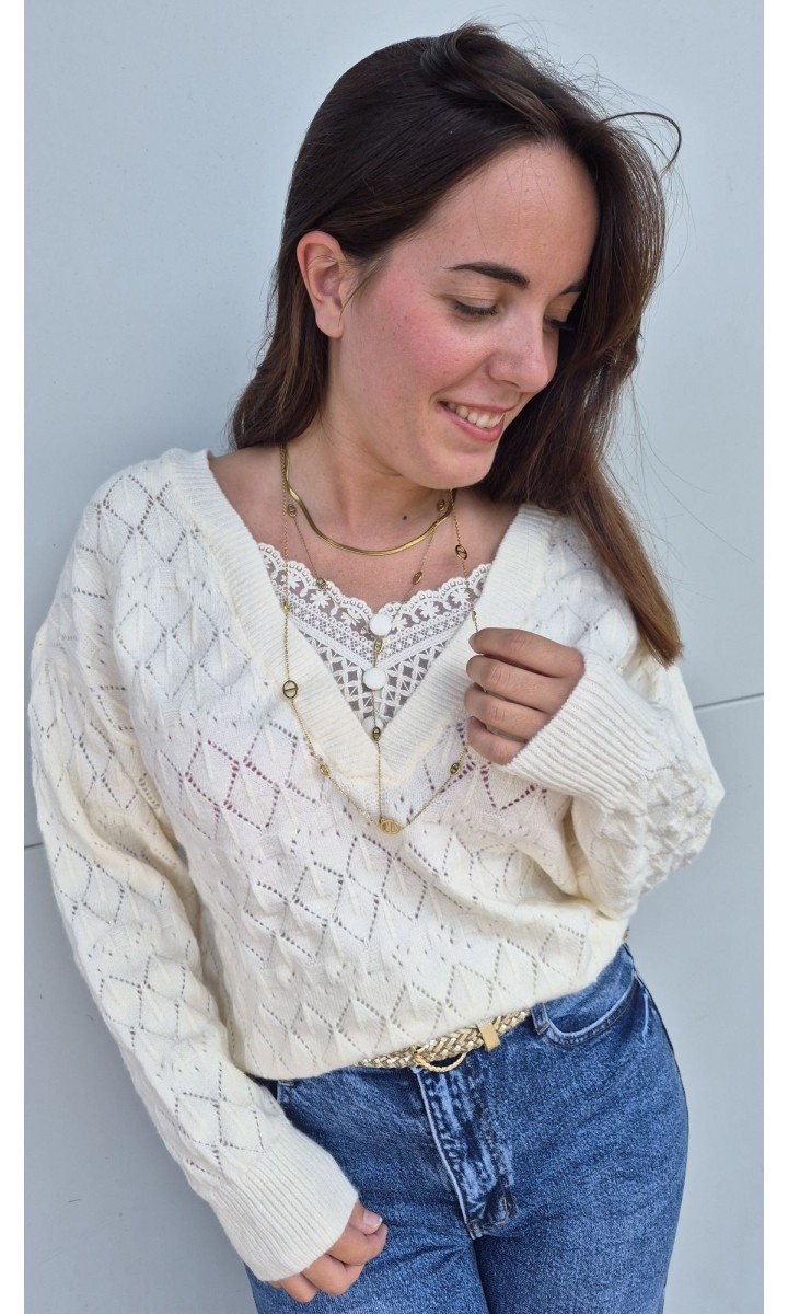 Pull Evene maille ajourée col V – coloris beige, vue 2