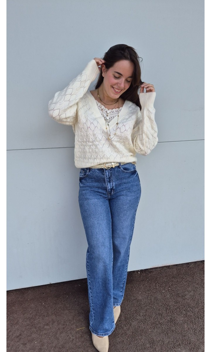 Pull Evene maille ajourée col V – coloris beige, vue 3