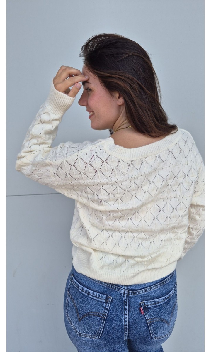 Pull Evene maille ajourée col V – coloris beige, vue 4