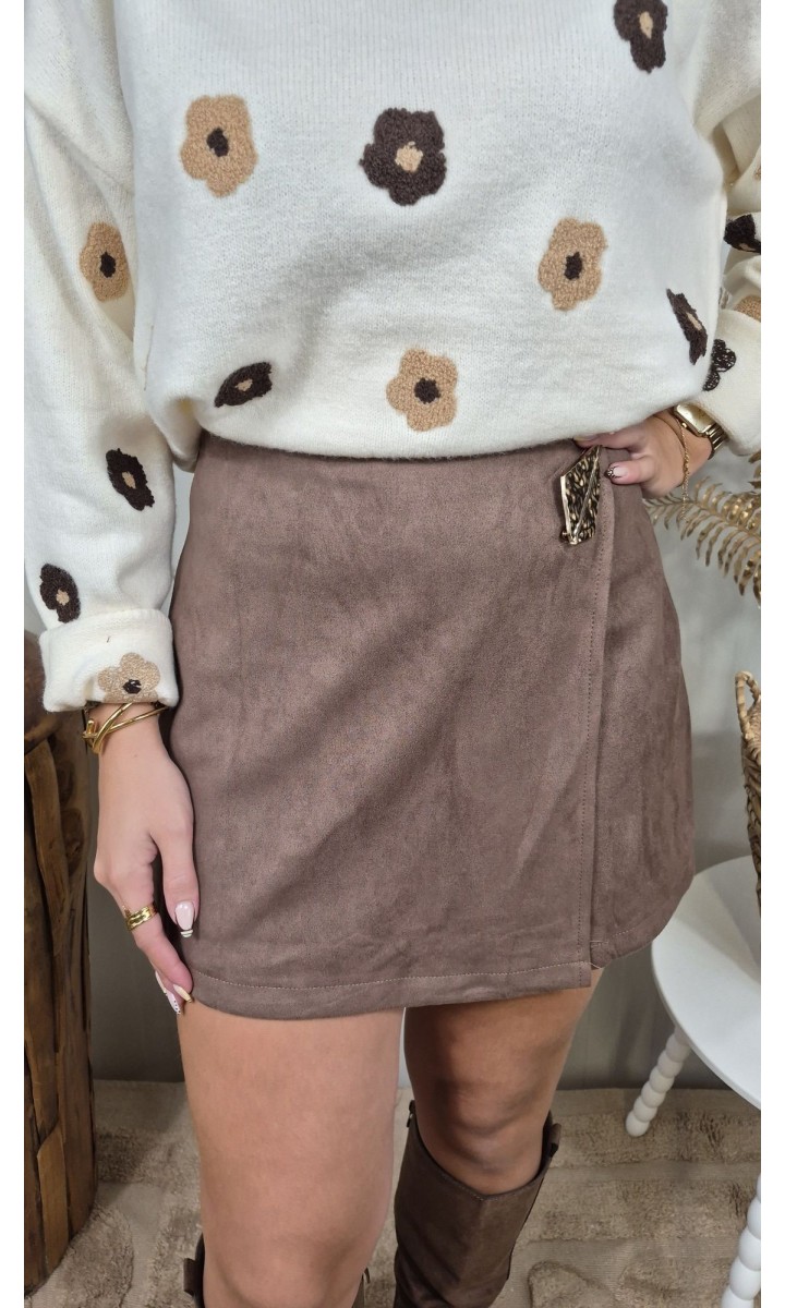 Jupe short Ingrid suédine boucle dorée – coloris marron, vue 2