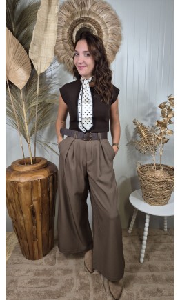Pantalon Meryl palazzo taille haute à pinces – coloris taupe