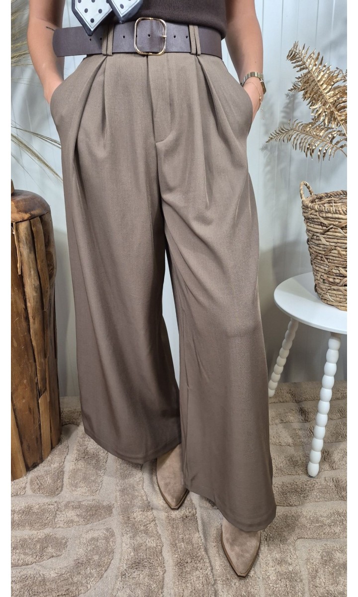 Pantalon Meryl palazzo taille haute à pinces – coloris taupe, vue 2