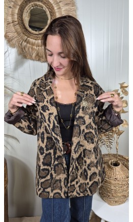 Veste Lise col tailleur - revers satinés marron – coloris léopard