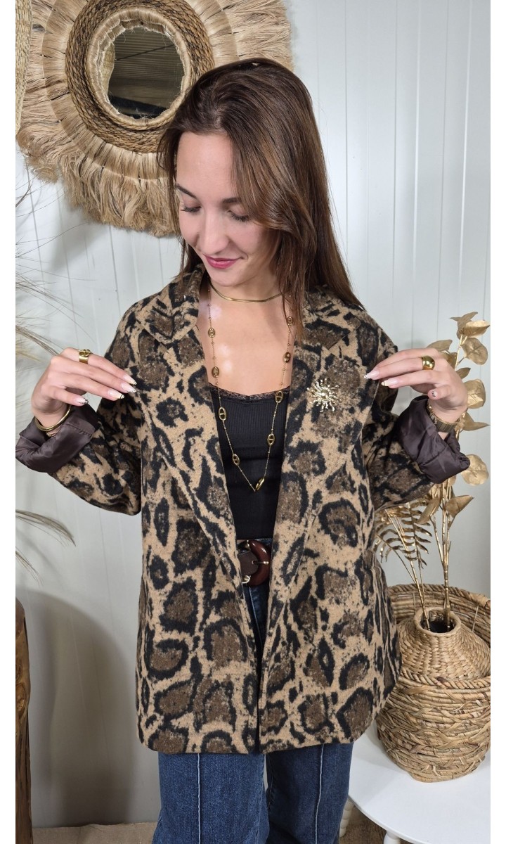 Veste Lise col tailleur - revers satinés marron – coloris léopard