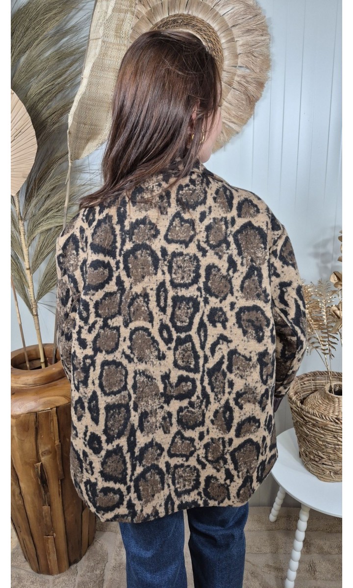 Veste Lise col tailleur - revers satinés marron – coloris léopard, vue 2