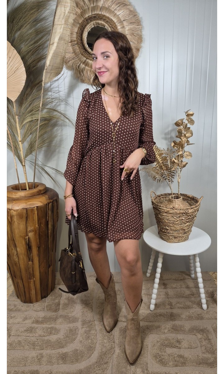 Robe Ambre courte évasée - décolleté V croisé – coloris marron