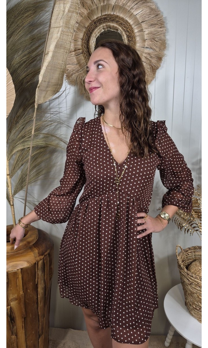 Robe Ambre courte évasée - décolleté V croisé – coloris marron, vue 2