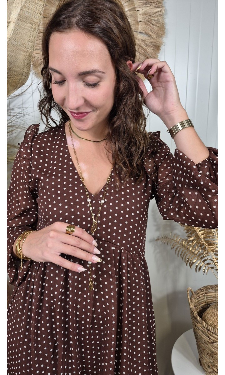 Robe Ambre courte évasée - décolleté V croisé – coloris marron, vue 3