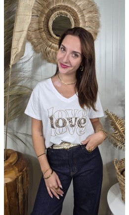 T-shirt Love col V imprimé léopard et doré – coloris blanc