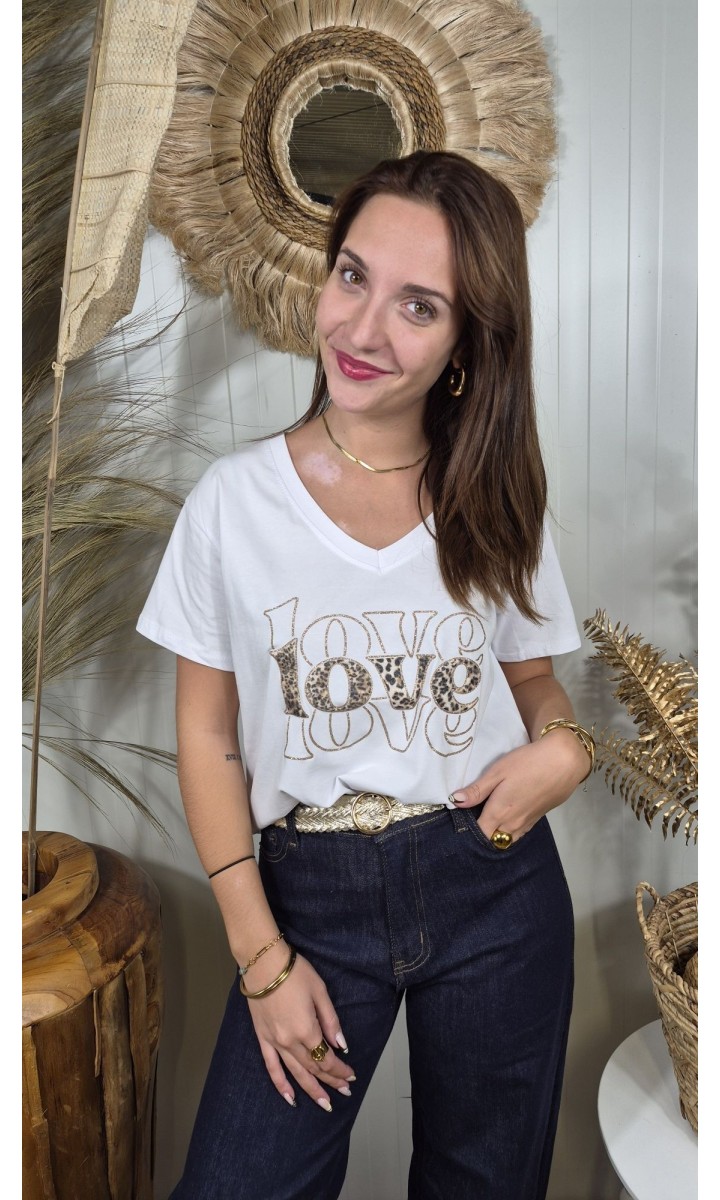 T-shirt Love col V imprimé léopard et doré – coloris blanc