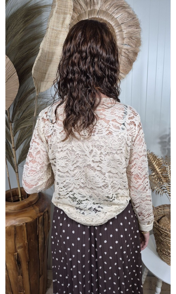 Top Sabine dentelle col montant manches longues – coloris beige, vue 2