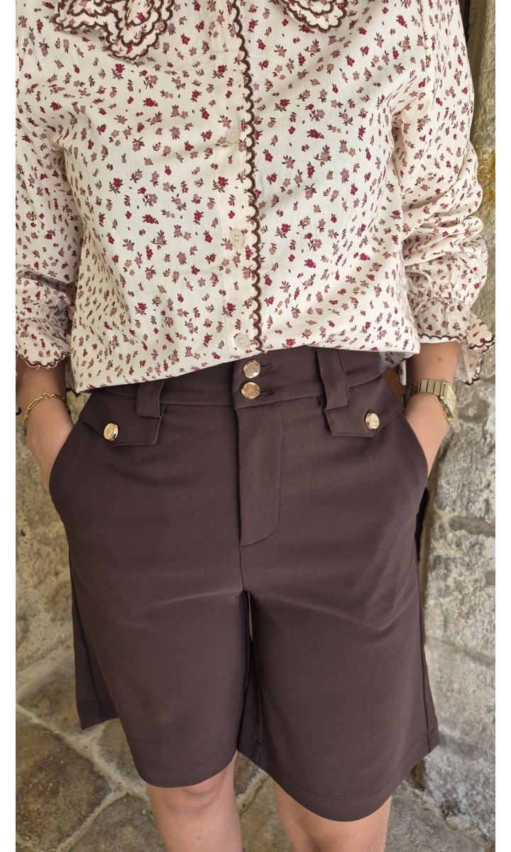 Short Pam bermuda taille haute boutons dorés – coloris marron, vue 2