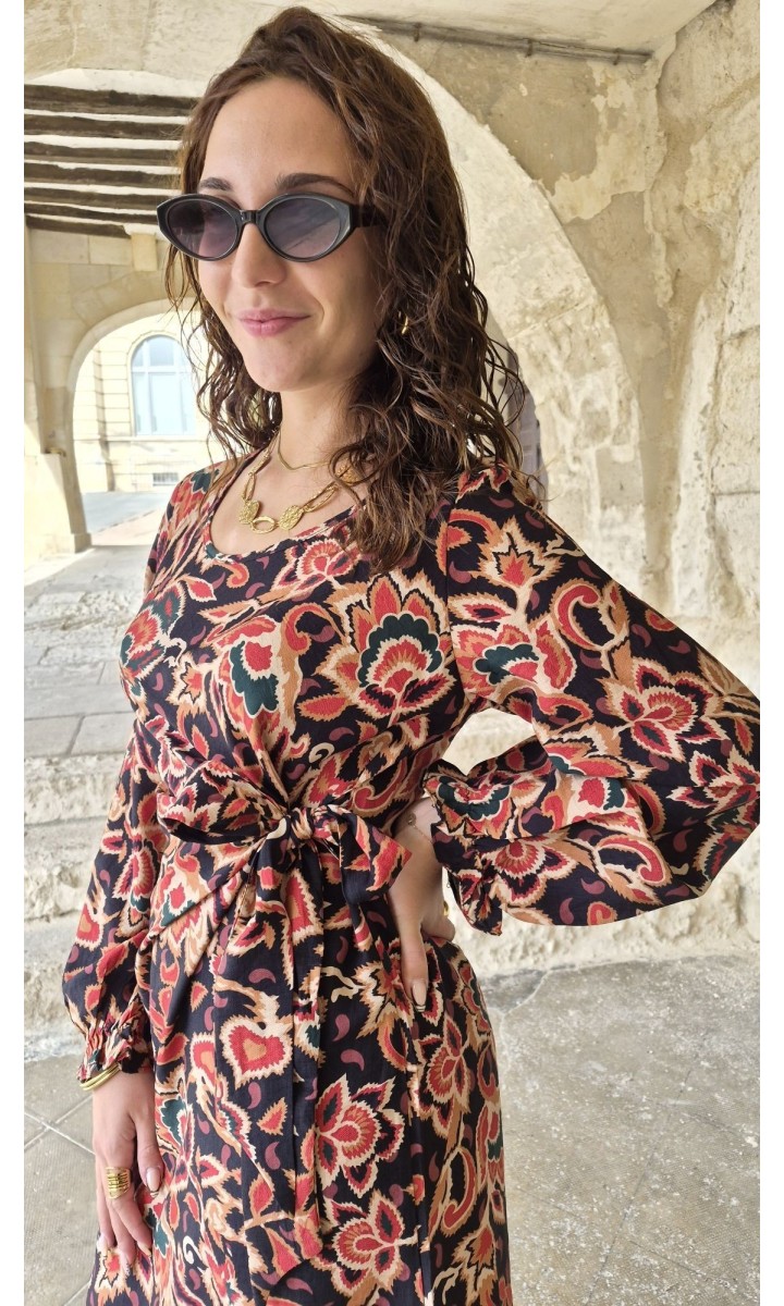 Robe Lorene fluide lien à nouer - manches longues – coloris multicolore, vue 3