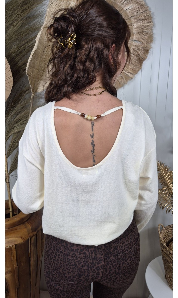 Pull Armo dos décolleté - lien orné de perles – coloris beige, vue 2