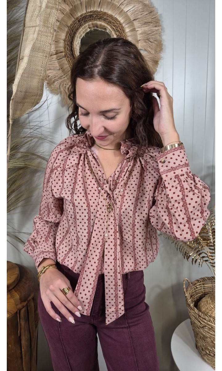 Chemise Faustine col lavallière - 100 % coton – coloris rose