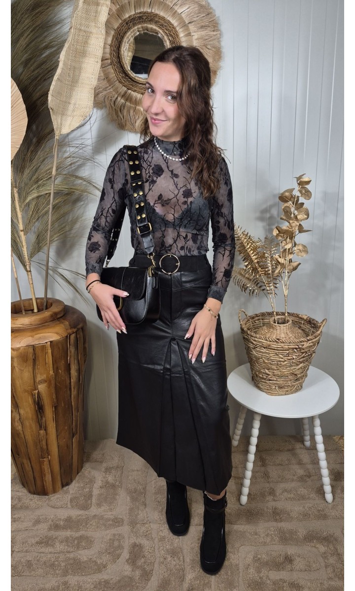 Jupe Ninon longue similicuir taille haute – coloris noir