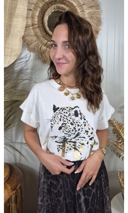 T-shirt Tigre blanc imprimé léopard et doré – coloris blanc