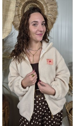 Veste Pilou zip doré col montant - patch imprimé – coloris beige