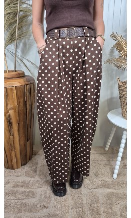 Pantalon Pois wide leg taille haute - ceinture offerte – coloris marron