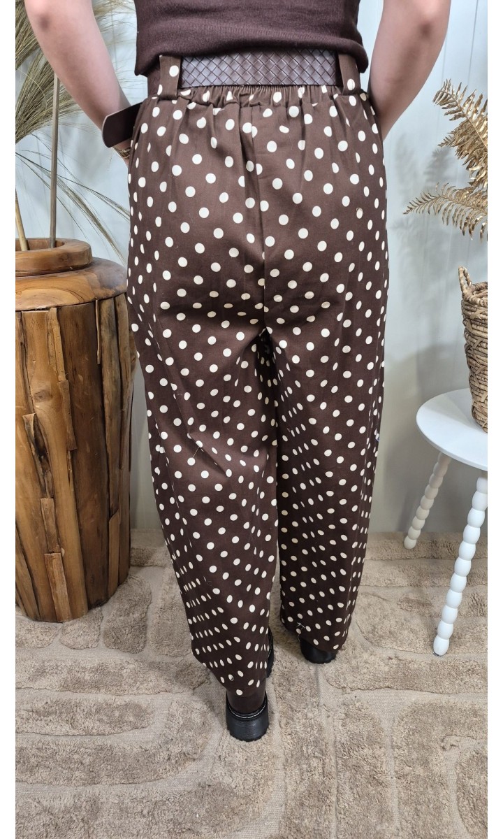 Pantalon Pois wide leg taille haute - ceinture offerte – coloris marron, vue 3