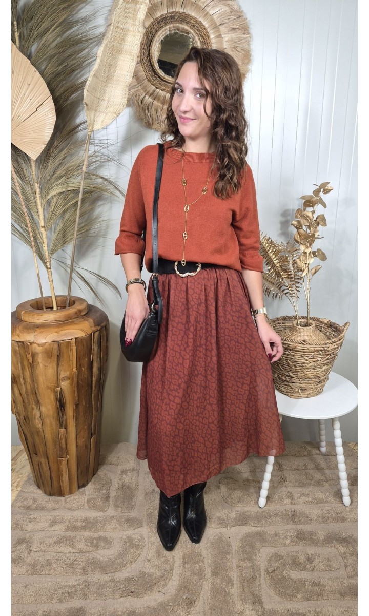Jupe Georgina longue évasée - ceinture boucle dorée – coloris terracotta