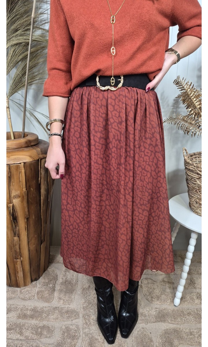 Jupe Georgina longue évasée - ceinture boucle dorée – coloris terracotta, vue 2