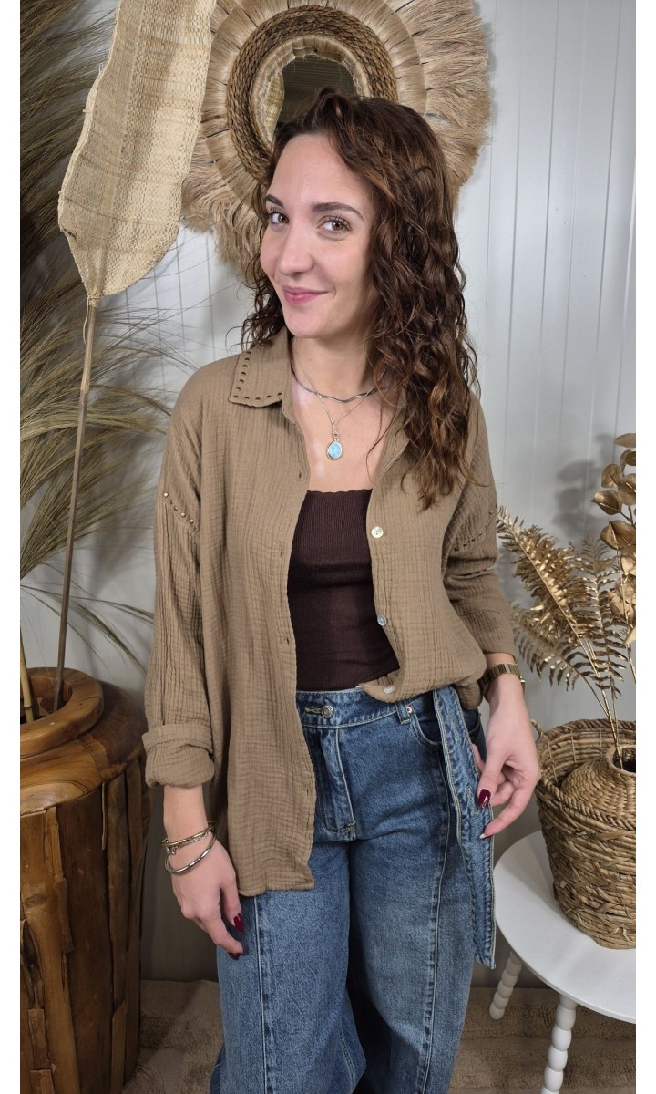 Chemise Eleonore double gaze de coton cloutée – coloris beige