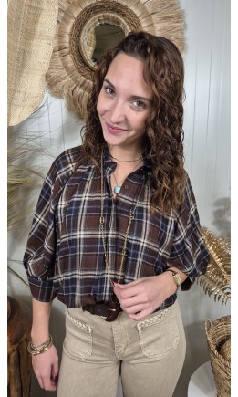 Chemise Lorelei à carreaux - manches 3/4 volantées – coloris marron