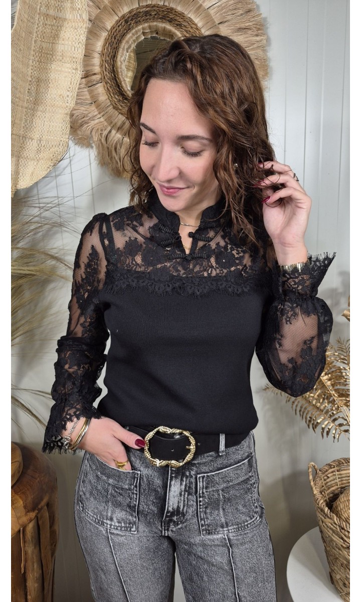 Top Camille noir en dentelle et maille côtelée – coloris noir
