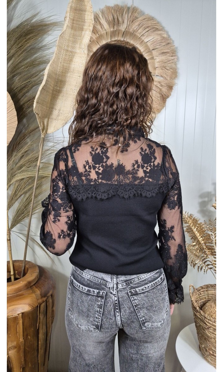 Top Camille noir en dentelle et maille côtelée – coloris noir, vue 2