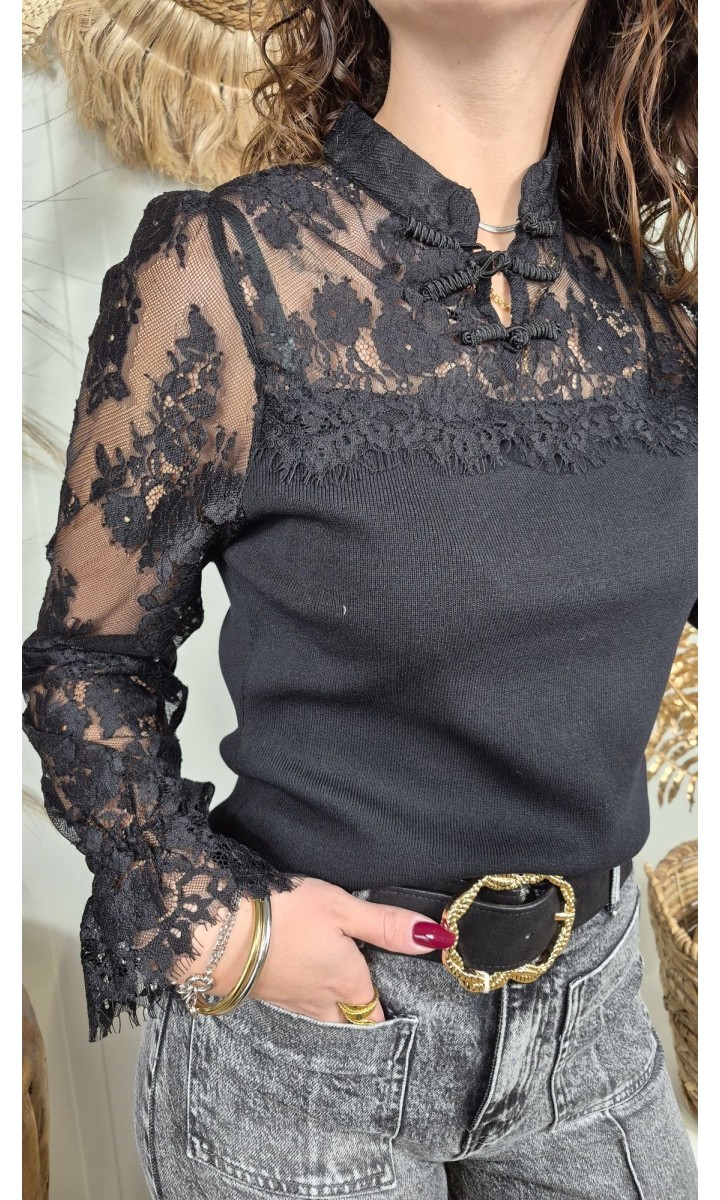 Top Camille noir en dentelle et maille côtelée – coloris noir, vue 4