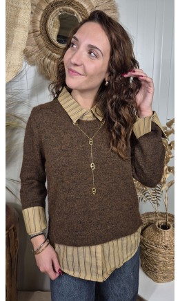 Pull Alome col chemise rayé effet 2 en 1 – coloris marron