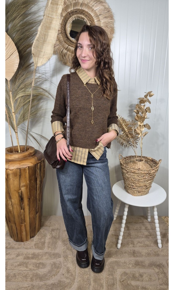 Pull Alome col chemise rayé effet 2 en 1 – coloris marron, vue 2