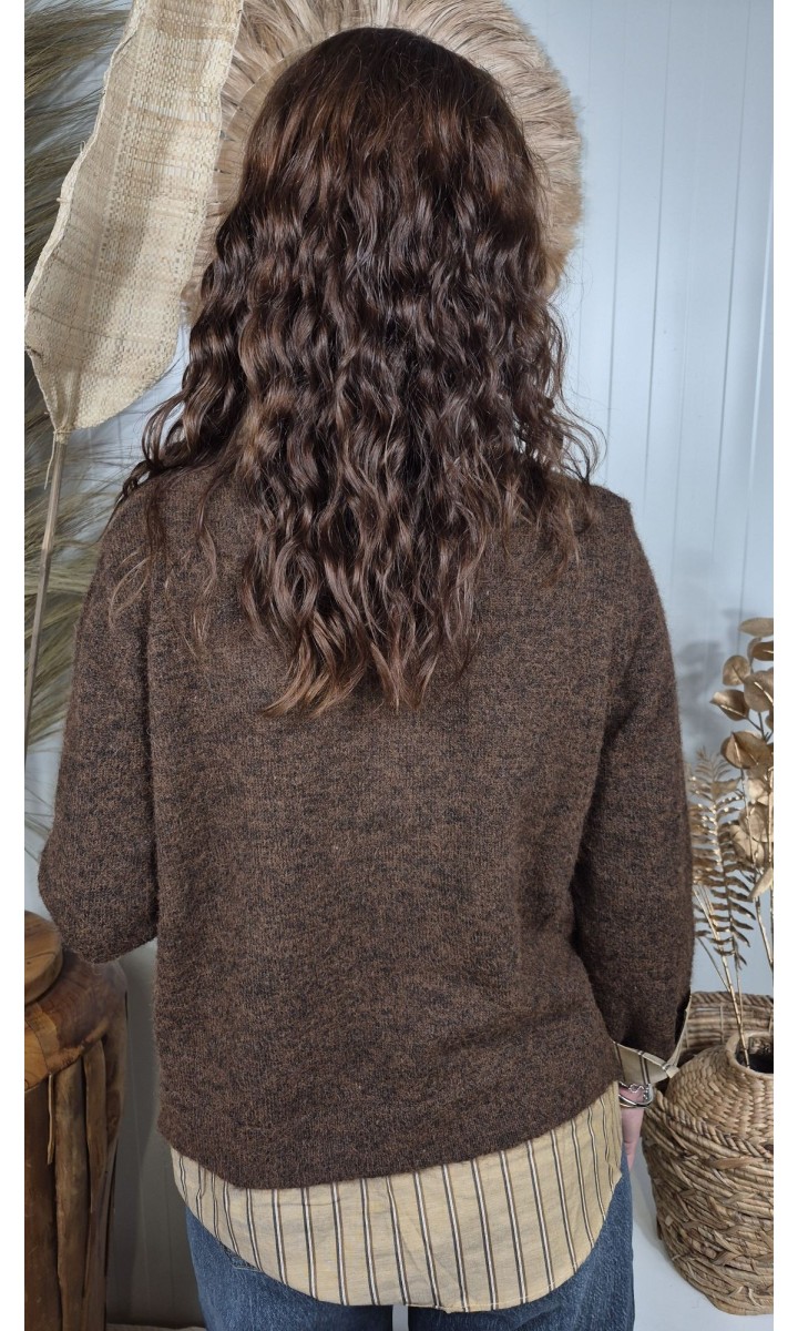 Pull Alome col chemise rayé effet 2 en 1 – coloris marron, vue 3