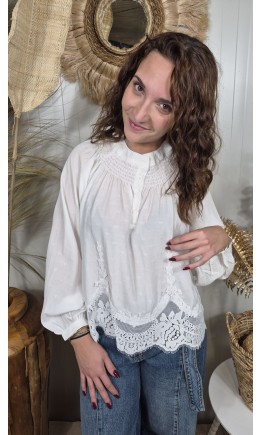 Chemise Bolera plumetis et dentelle - col officier – coloris blanc