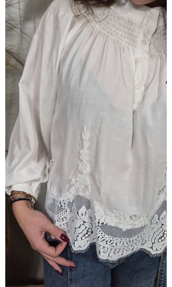 Chemise Bolera plumetis et dentelle - col officier – coloris blanc, vue 3