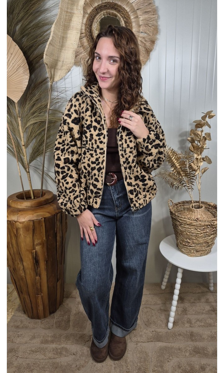 Veste Leonce blouson zip doré - col montant – coloris léopard