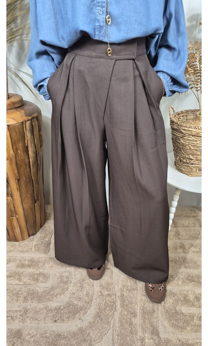 Pantalon Lilwen wide leg ceinture croisée dorée – coloris marron, vue 2