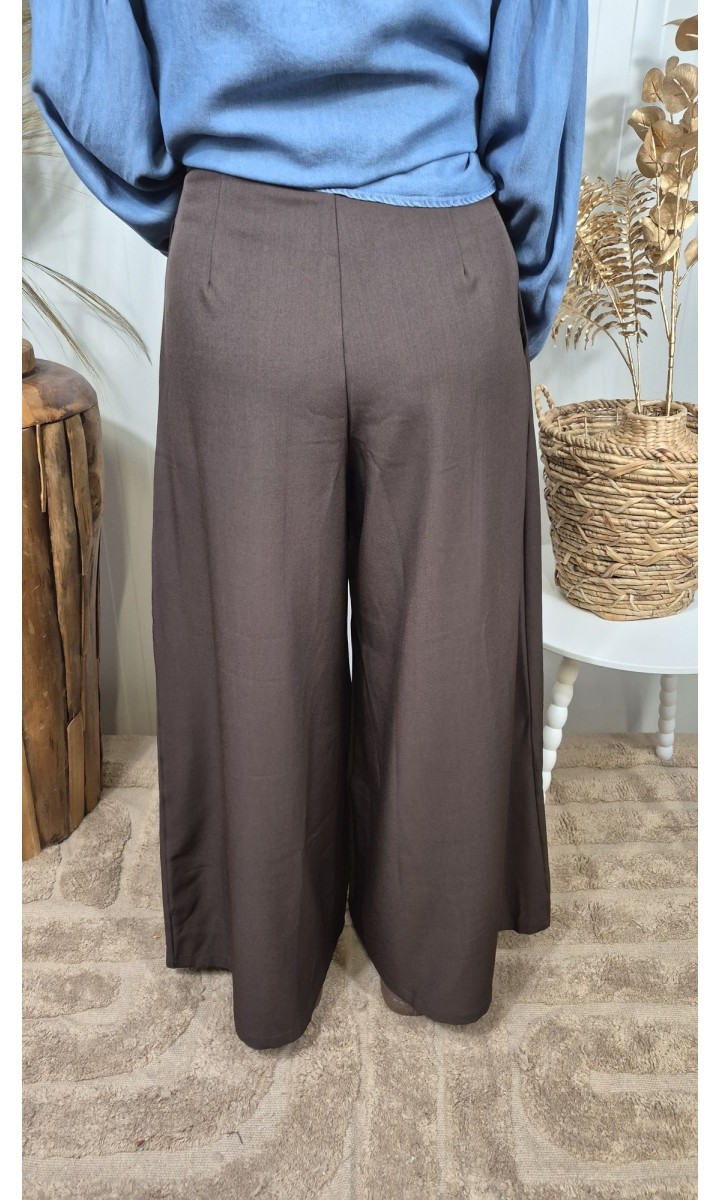 Pantalon Lilwen wide leg ceinture croisée dorée – coloris marron, vue 3