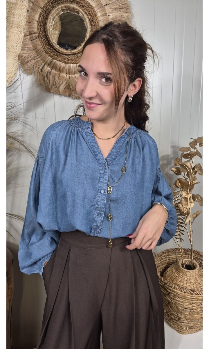 Chemise Aela col V - manches bouffantes - Tencel – coloris bleu