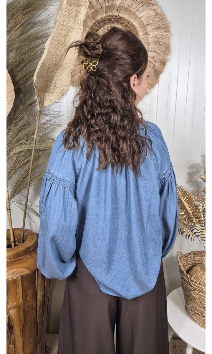 Chemise Aela col V - manches bouffantes - Tencel – coloris bleu, vue 2