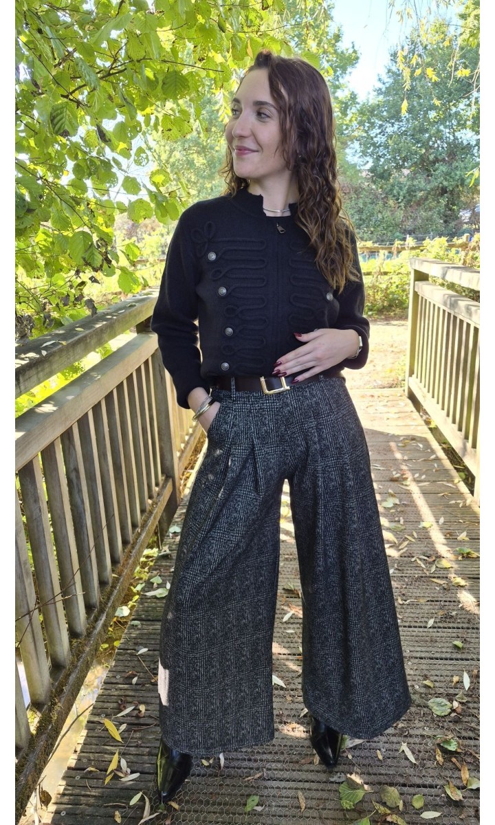 Pantalon Norma large prince-de-galles taille haute – coloris noir