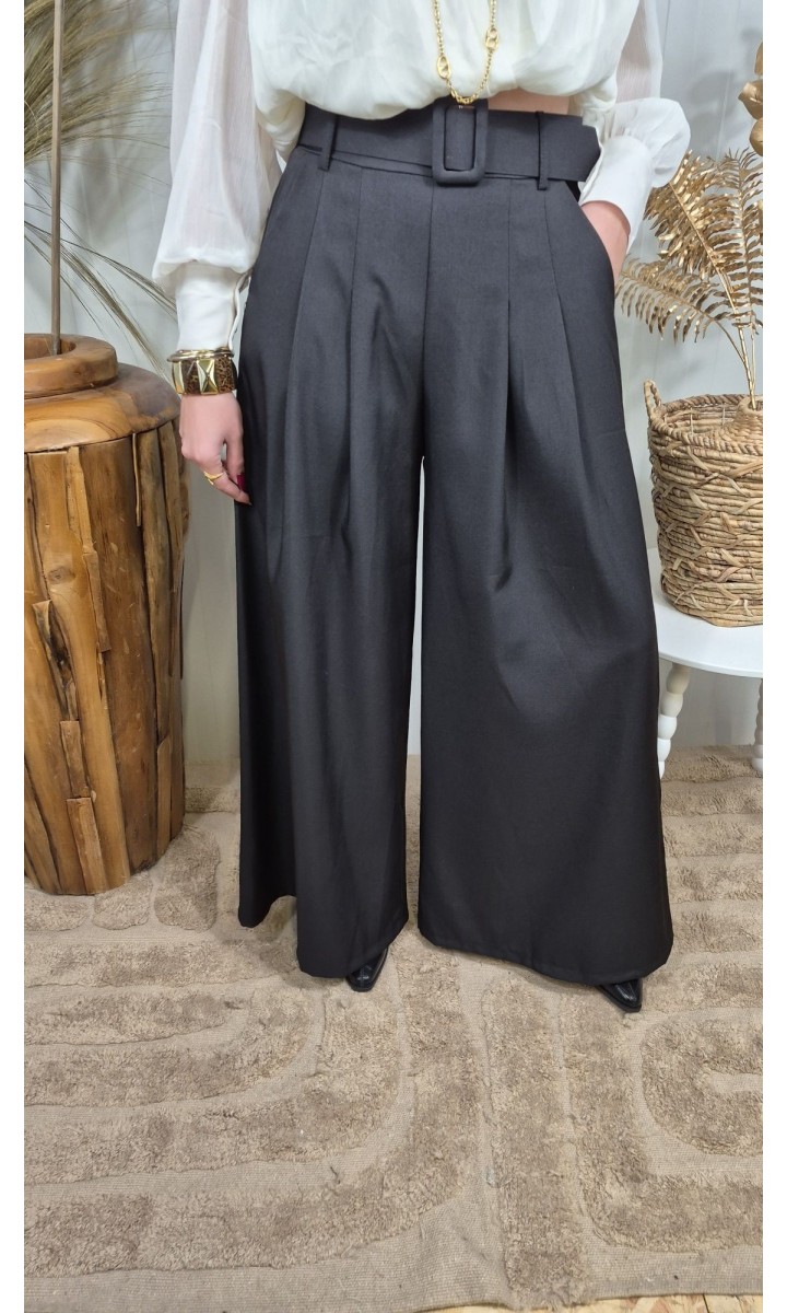 Pantalon Sabine palazzo taille haute noir – coloris noir, vue 2