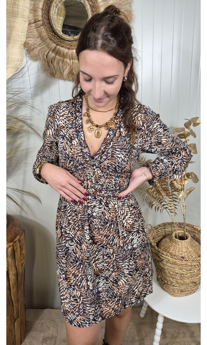 Robe Solene cache-cœur taille smockée – coloris bleu, vue 2