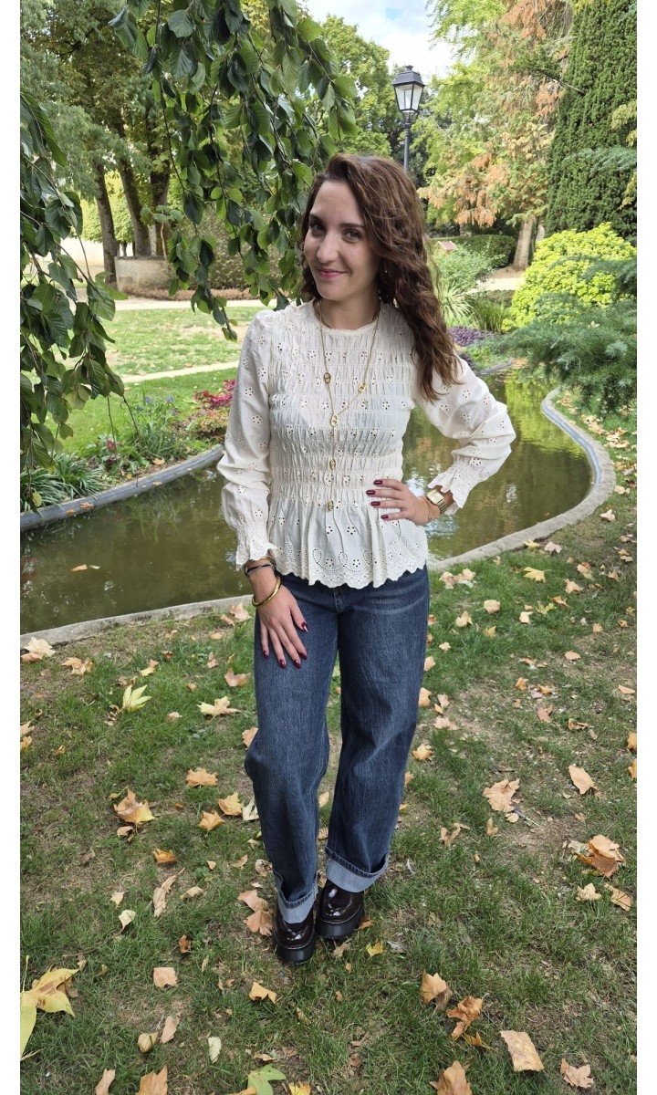 Blouse Tania peplum col dentelle - 100 % coton – coloris beige
