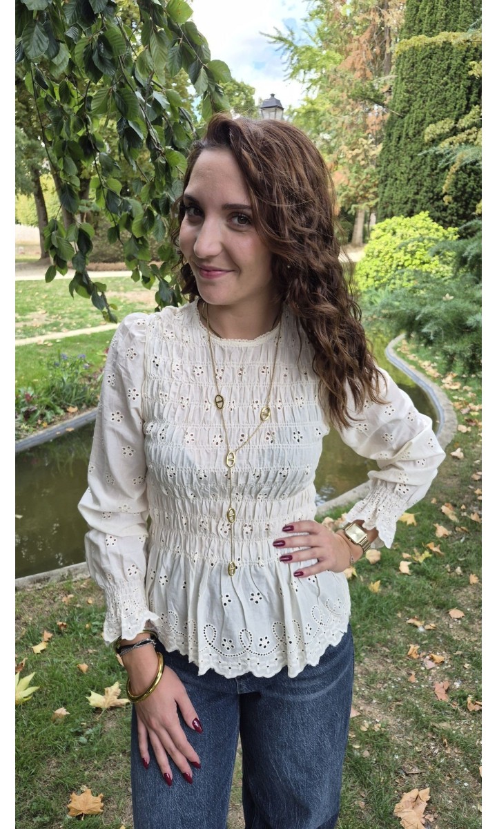 Blouse Tania peplum col dentelle - 100 % coton – coloris beige, vue 2