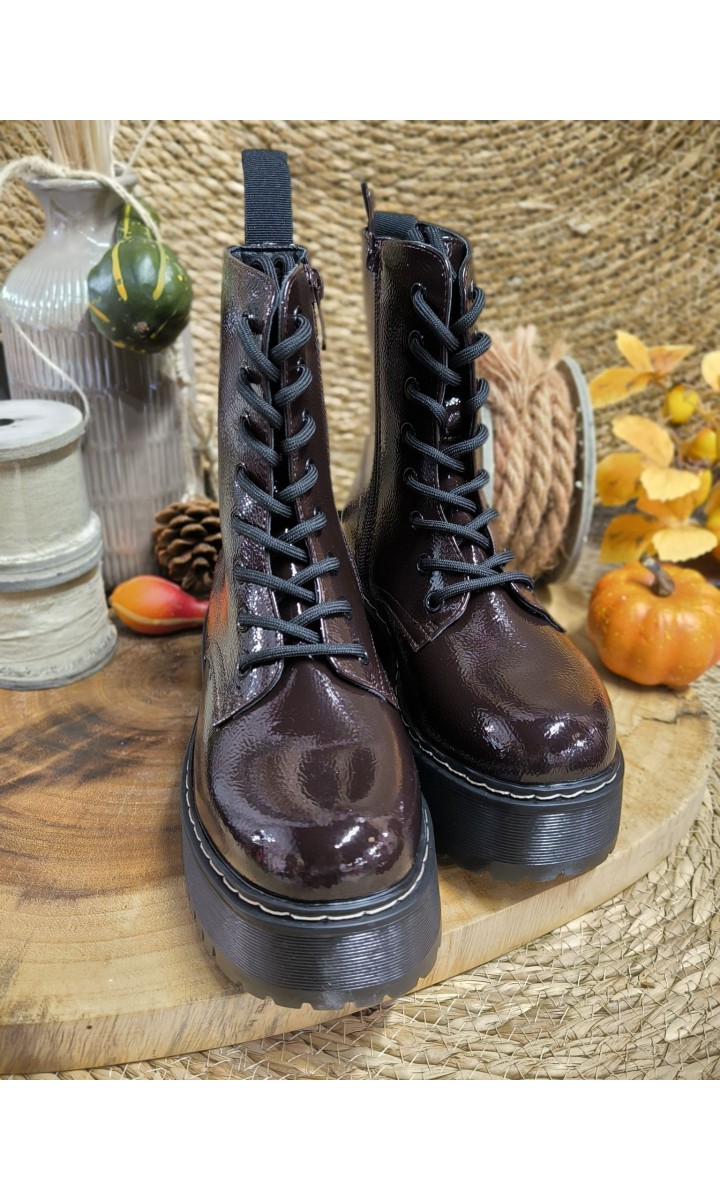 Bottines Ramie vernis craquelé - semelle crantée – coloris marron
