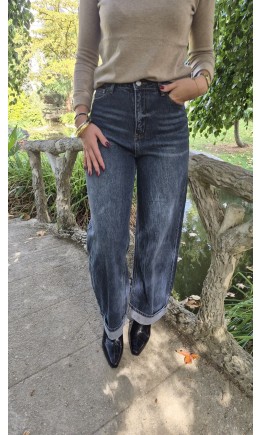 Jeans Theresa baggy taille haute à revers – coloris bleu